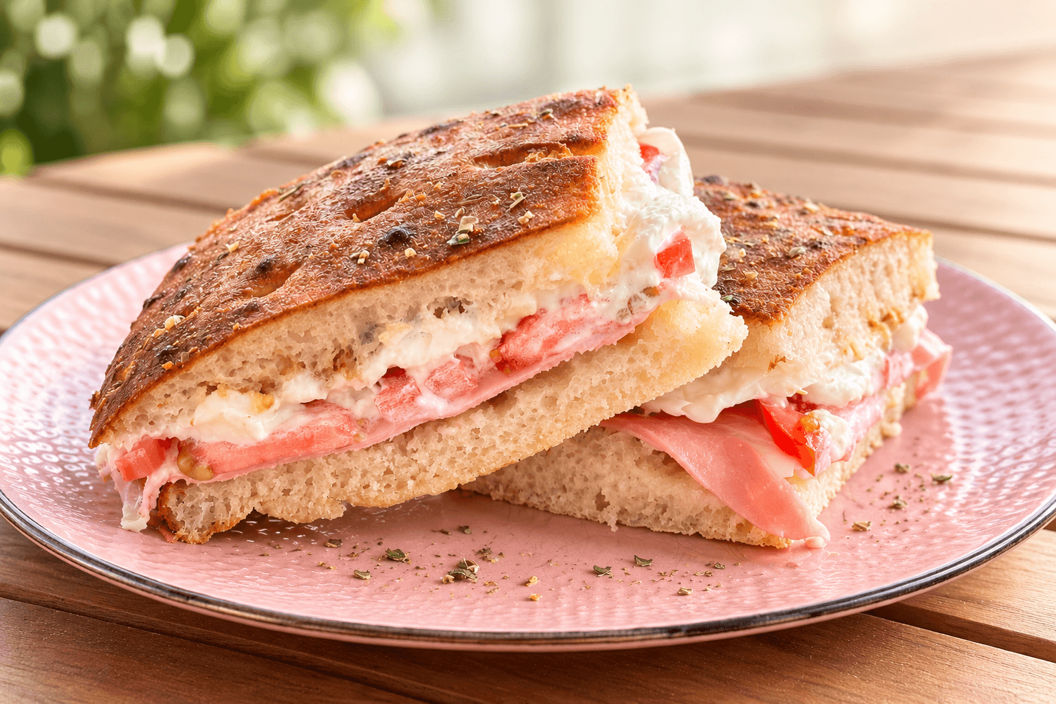 Belegte Focaccia mit Prosciutto, Mozzarella und Tomaten